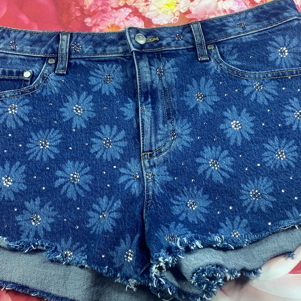Victoria's Secret PINK Blue Floral Denim Shorts in in Daisy Rhinestones